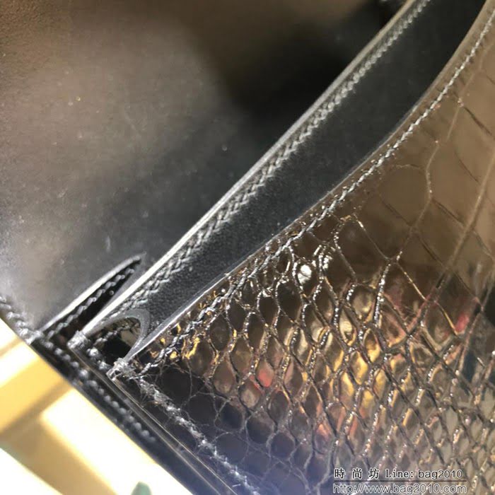HERMES愛馬仕 康康18cm alligator crocodile 美洲鱷 頂級工藝 蠟線手縫 黑色 銀扣  Ama1516